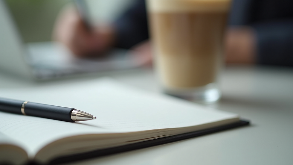 Close-up view of a notebook and pen on a desk with a cup of coffee