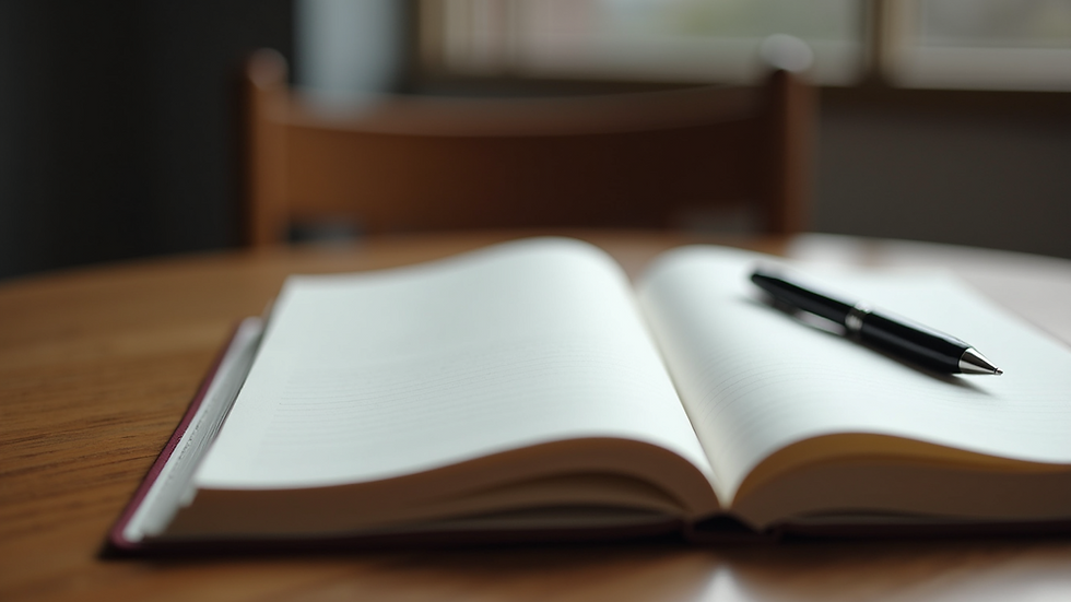 Close-up view of a notebook and pen on a table, symbolizing journaling for emotional expression