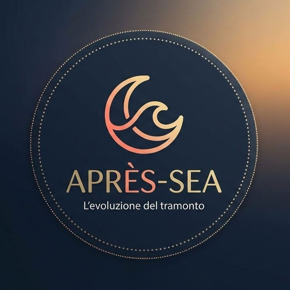 Logo with orange wave design on dark background. Text: APRES-SEA, L'evoluzione del tramonto. Sunset gradient in background.