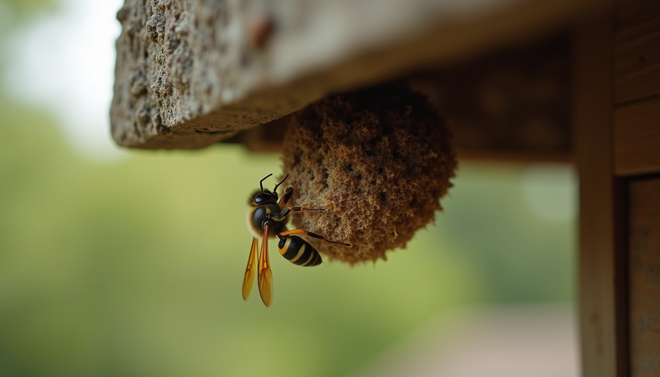 Wasp control Kingston technician inspecting a wasp nest near a building exterior