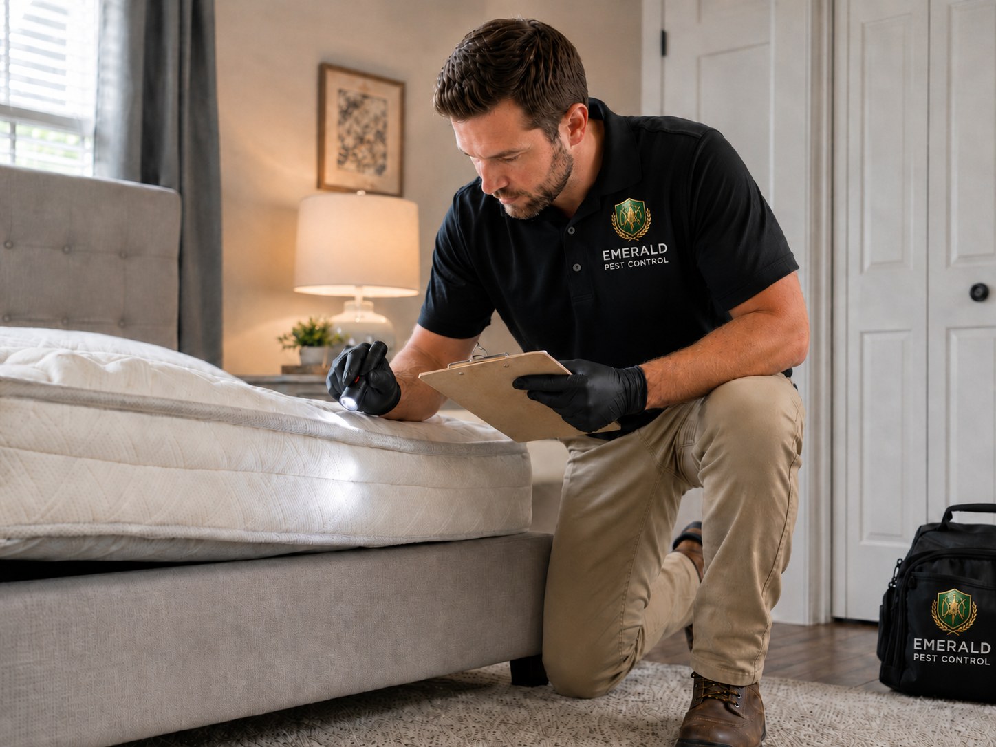 Pest control worker inspecting a mattress for bed bugs