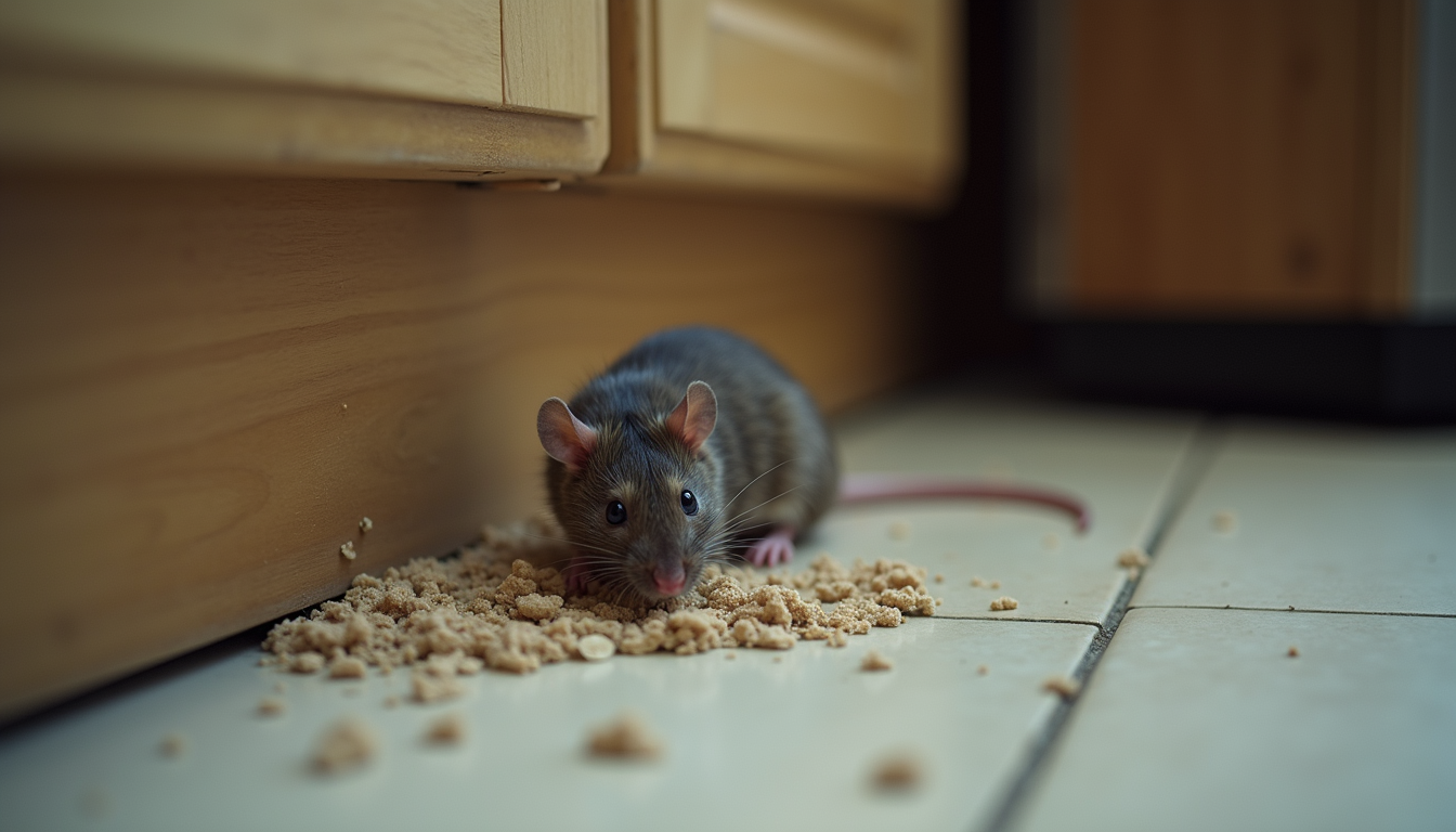 Rat droppings near a kitchen corner