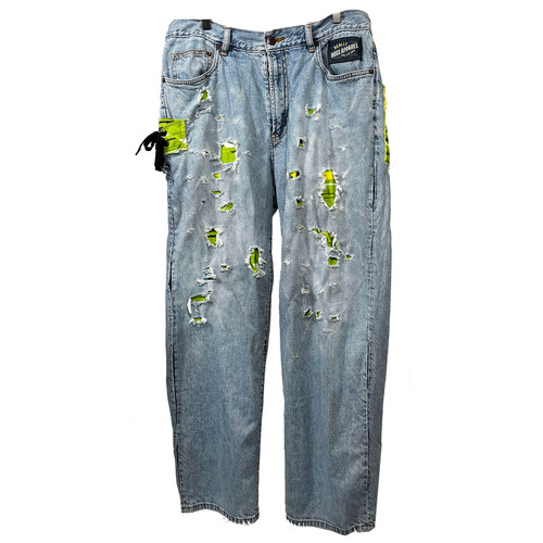 【oan】Ryx Line Denim Mud Denim Reconstructed jeans quilted/lined w lemon lime surf trunks