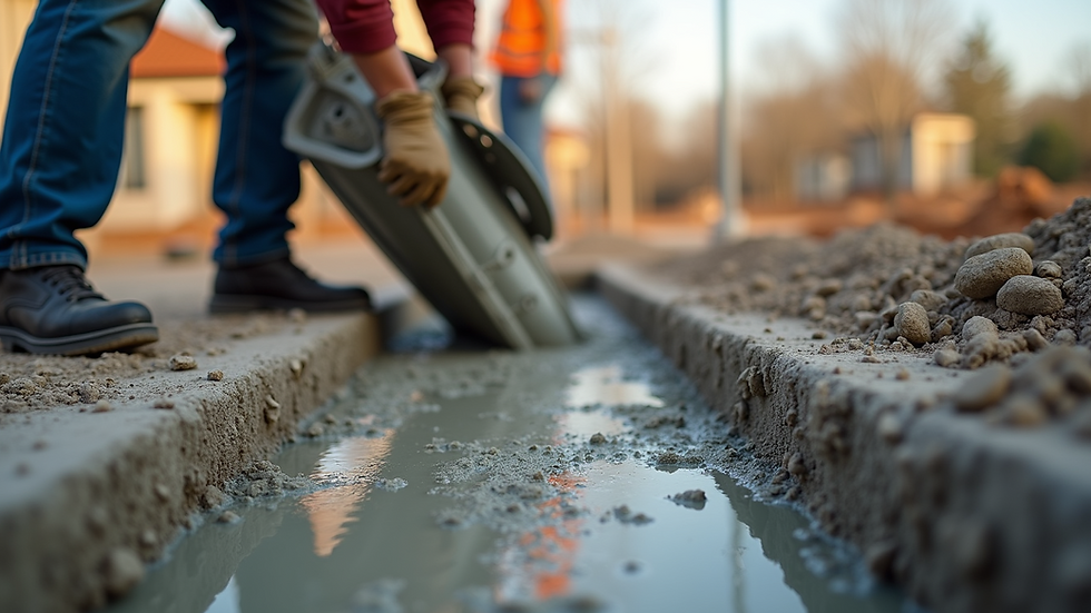 Eye-level view of a construction worker pouring concrete into a foundation form