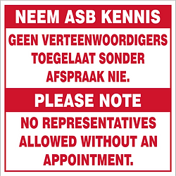 Neem Asb Kennis - Geen vereenwoordigers toegelaat sonder afspraak nie