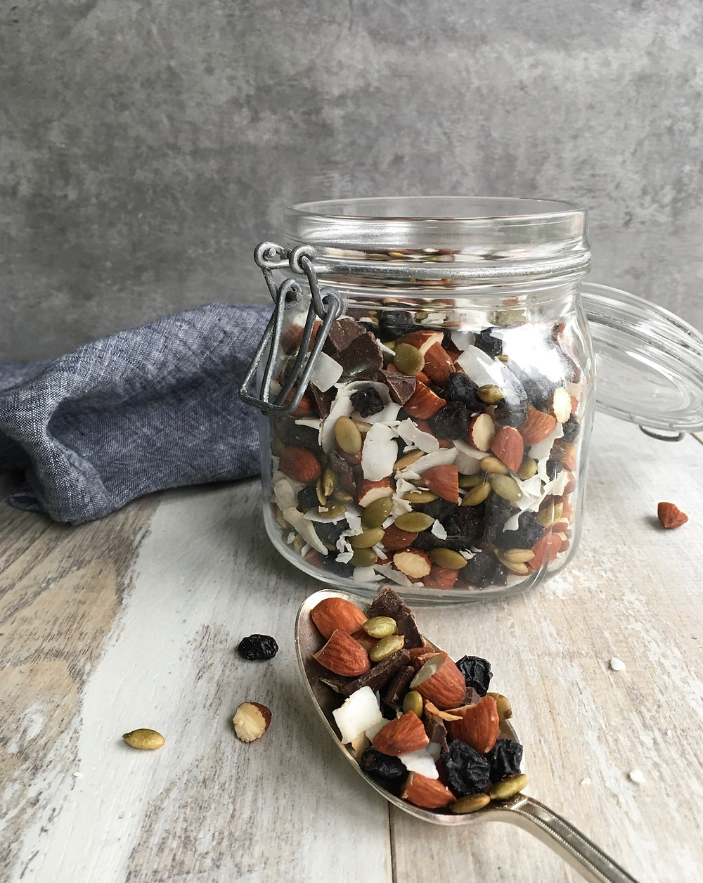 jar of almond dark chocolate trail mix