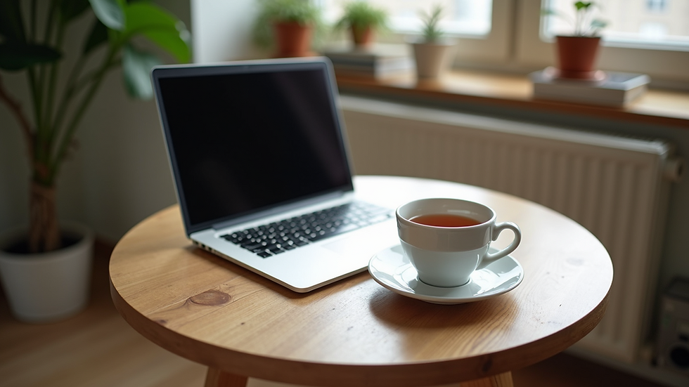 High angle view of a cozy workspace with a laptop and a cup of tea