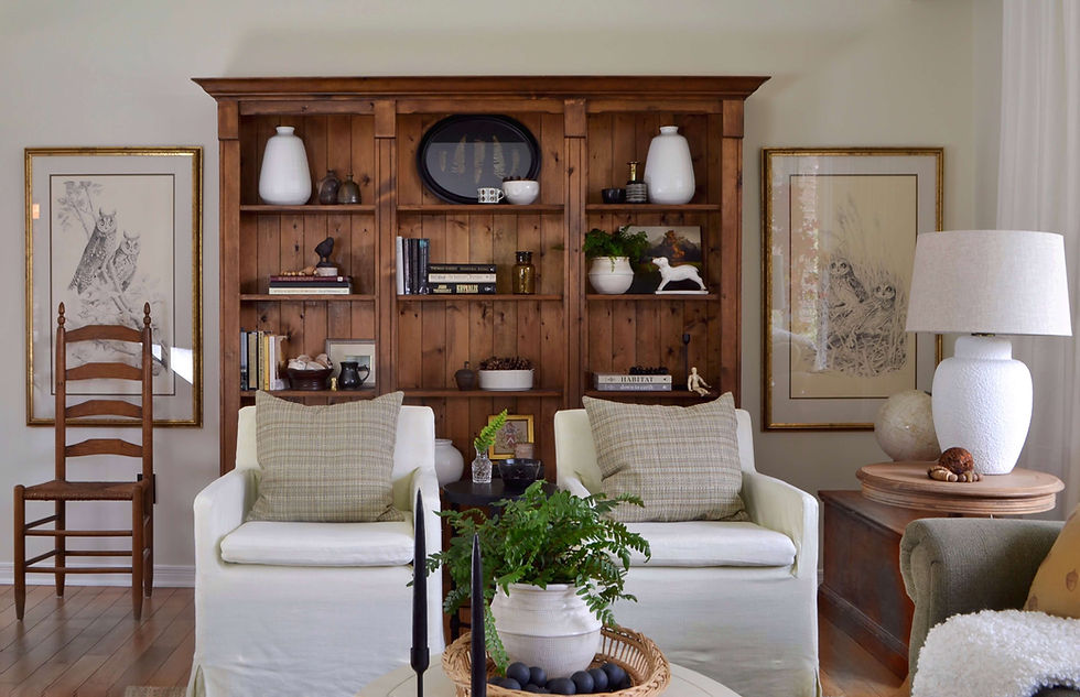 wooden shelves in relaxed living room