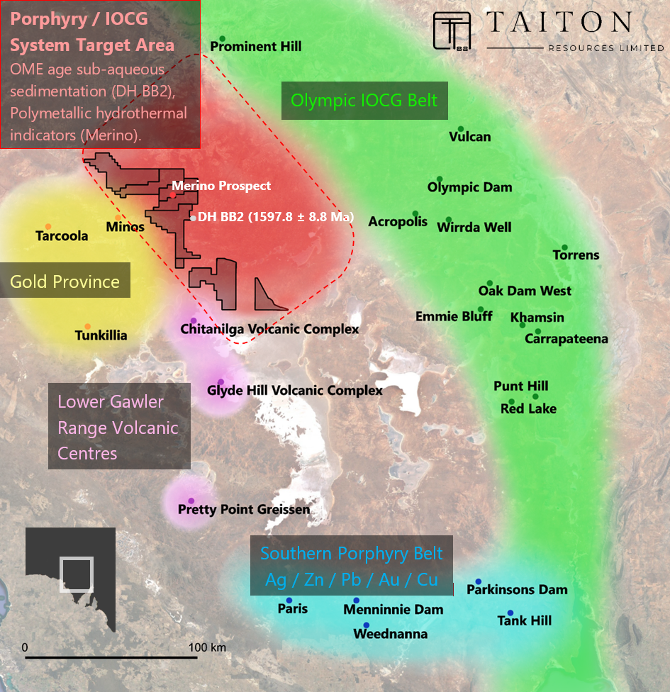 Figure 3: The region that Taiton Resources Limited is testing its theory that there is a mineral system in the region (Red) which is now proven to be tapping the same source as the Olympic IOCG Belt (Green). The zircon test has come back with age of 1597.8 Ma, which is atypical of Olympic Dam. (Source: Taiton Resources Limited).| Samso Insights