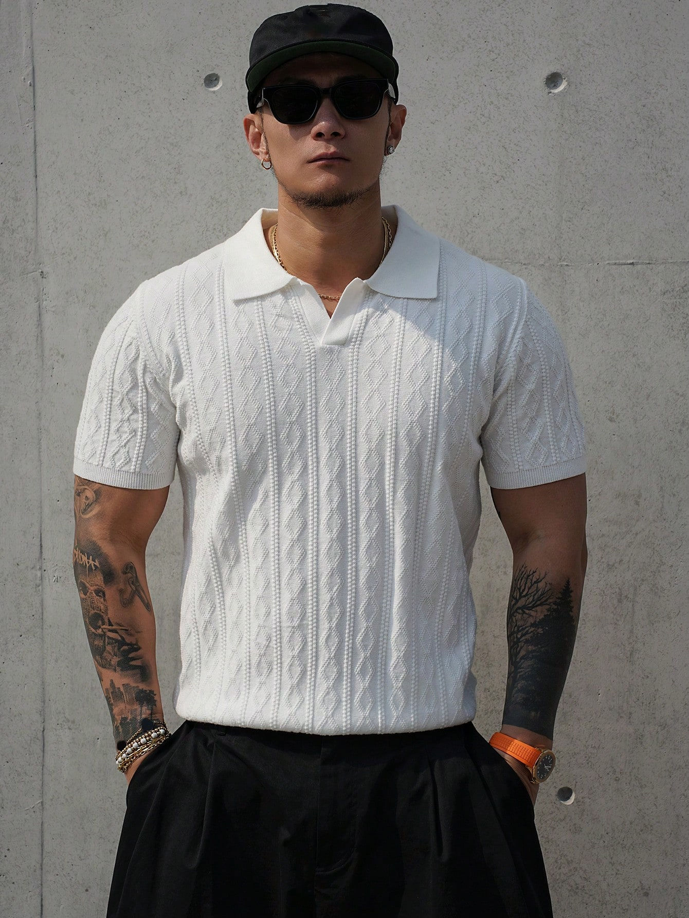 [UBSS-004]  Collar Textured Jacquard Knit Short Sleeve - Beige