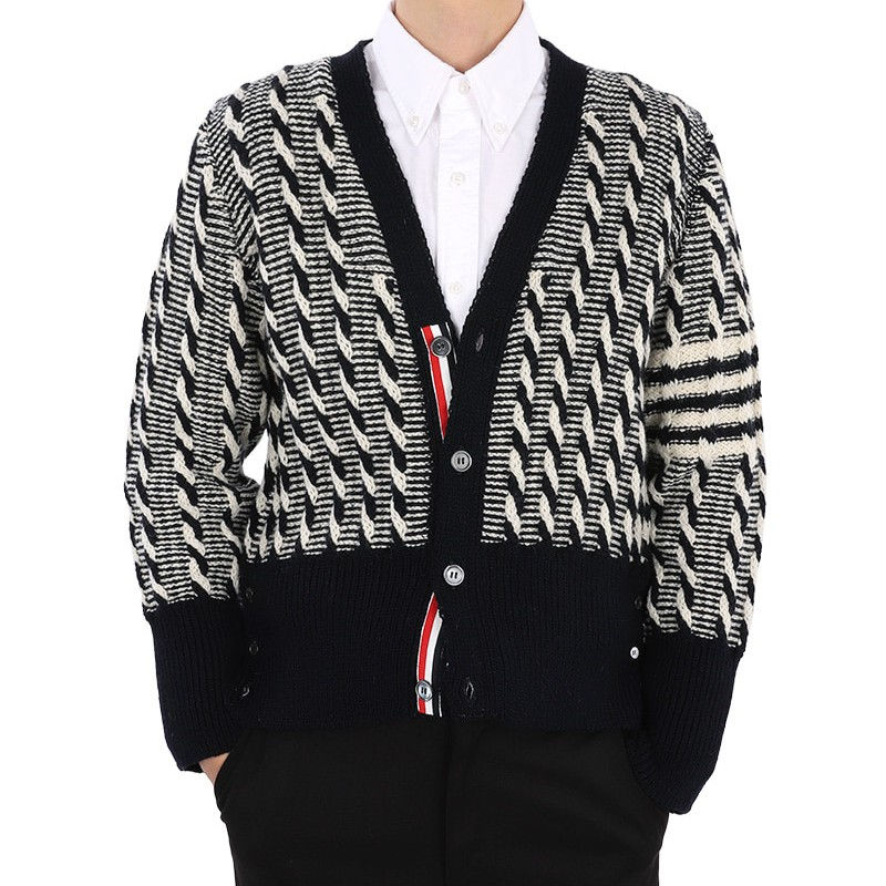 [TBCD-005] Thom Browne Donegal Bicolor Twist Cable 4-Bar V-Neck Cardigan (Unisex