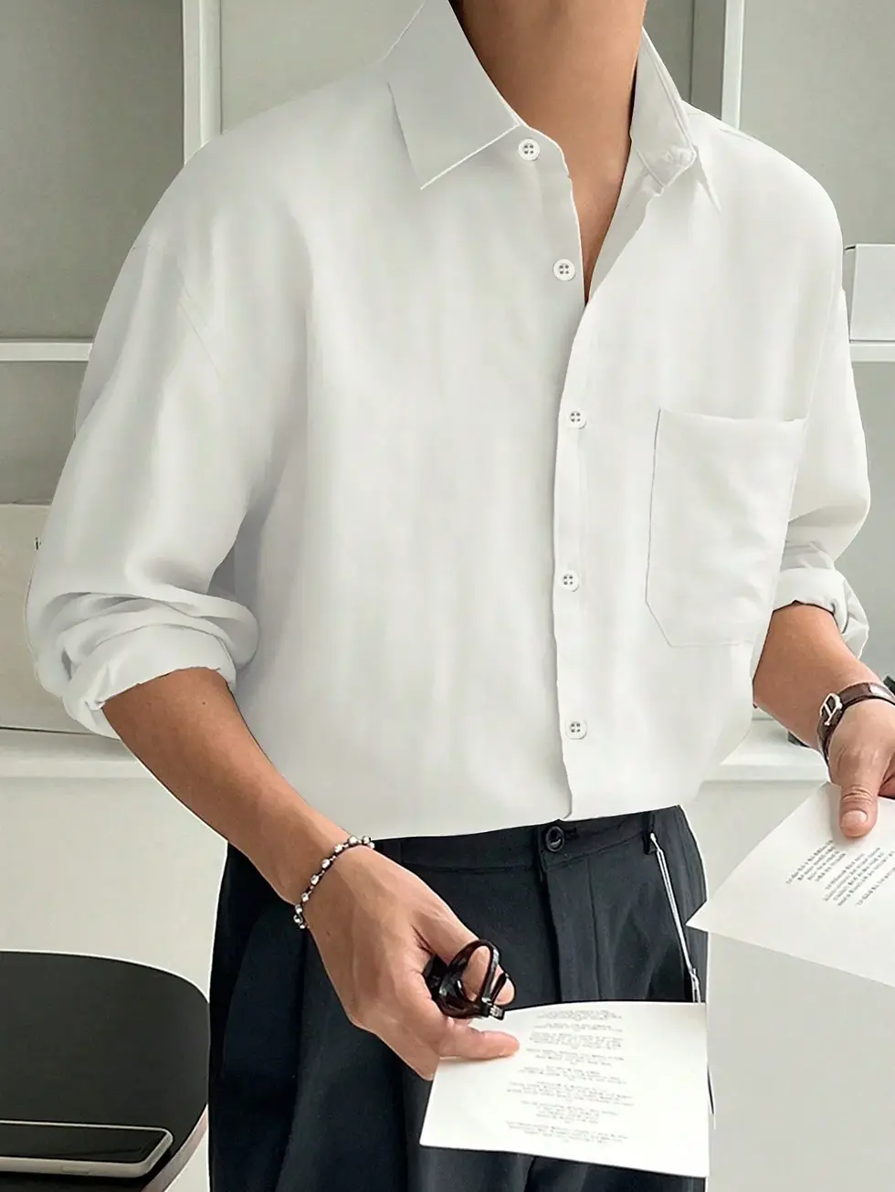 Thumbnail: [UBSH-002] Plain Collared Daily Simple Long Sleeve Shirt - Beige