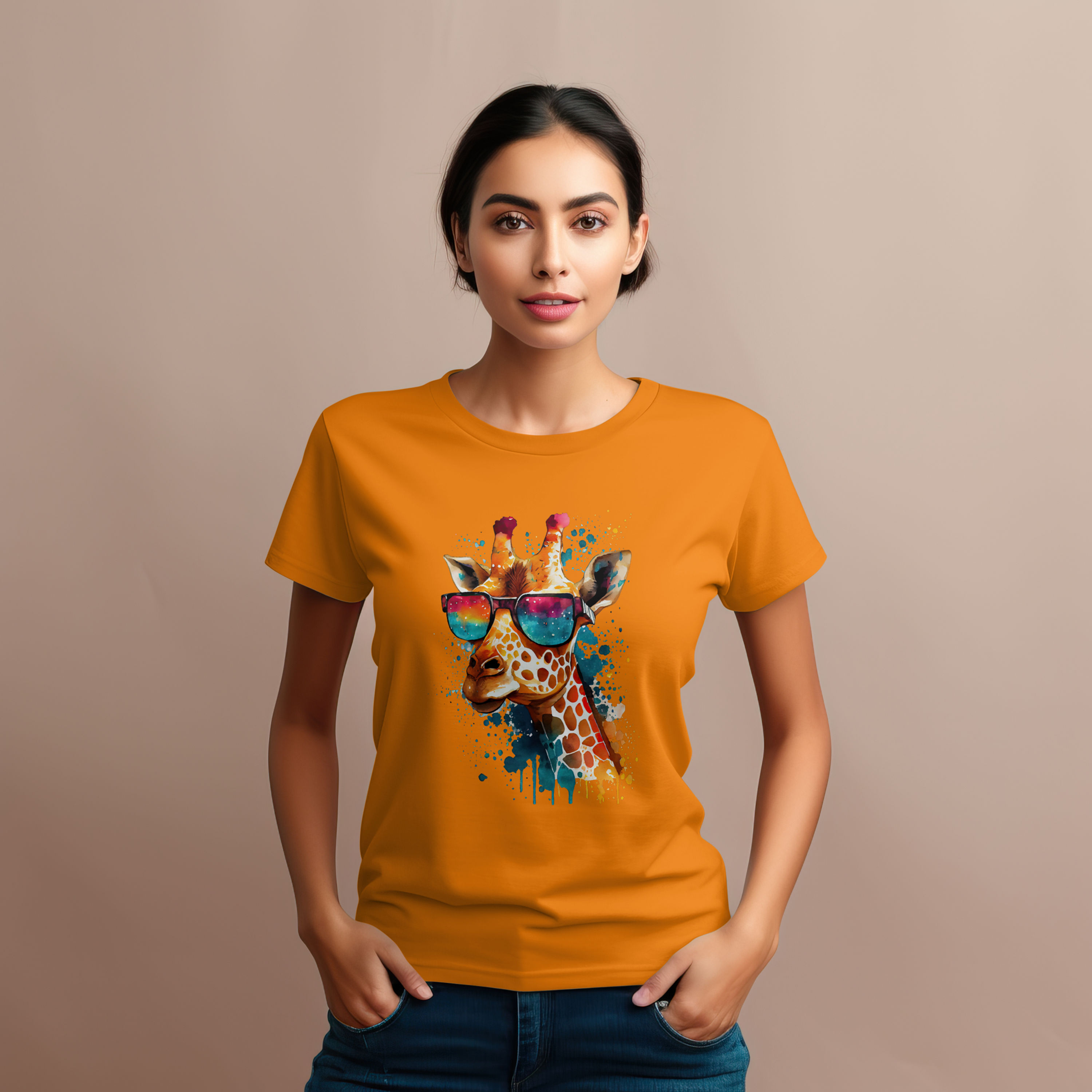 Orange shirt with giraffe designs. This shirt is perfect for casual outings and playful gatherings.