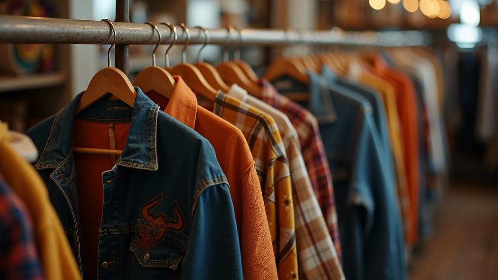 High angle view of a clothing rack with Texan culture apparel