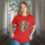 Red shirt with giraffe designs. This shirt is perfect for casual outings and playful gatherings.