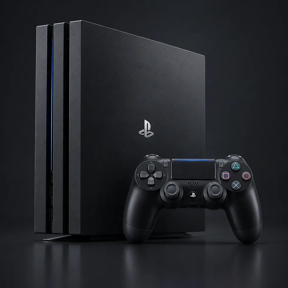 Studio photography of a black PlayStation 4 Pro console and its wireless controller. The sleek, modern setup is displayed against a dark, dramatic background.
