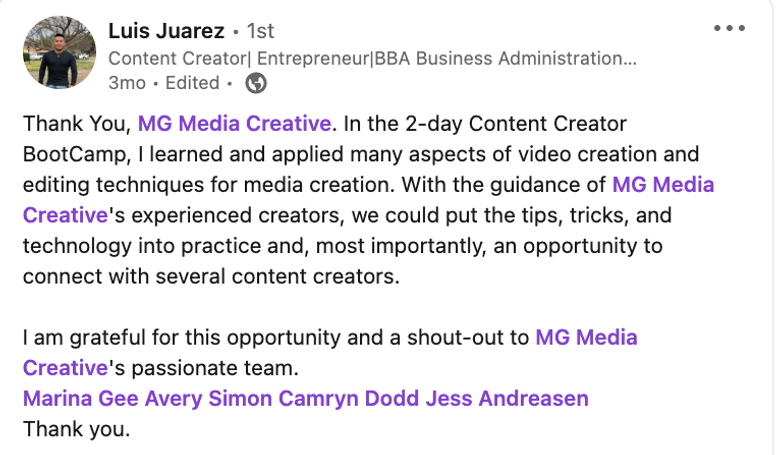content creator bootcamp testimonial