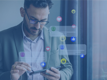 Office employee surrounded by social media engagement icons after a viral post