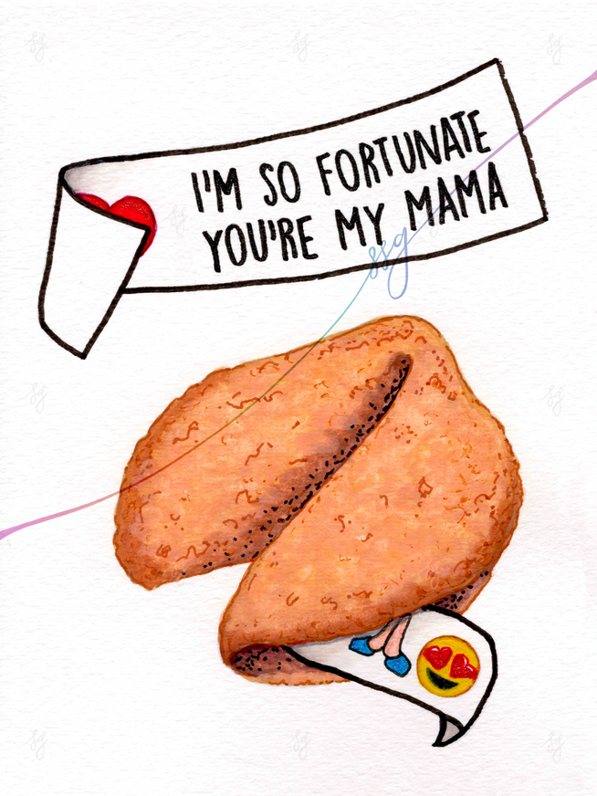 Image: A greeting card featuring a fortunate cookie with a custom emoji message poking out

Text: I'm so fortunate you're my mama