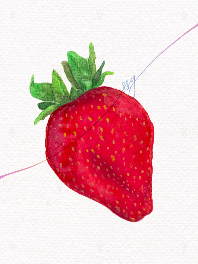 Image: A greeting card featuring a plump red strawberry