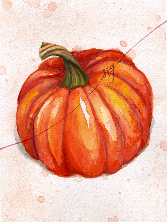 Image: A greeting card featuring a ripe orange pumpkin with a twisted stem