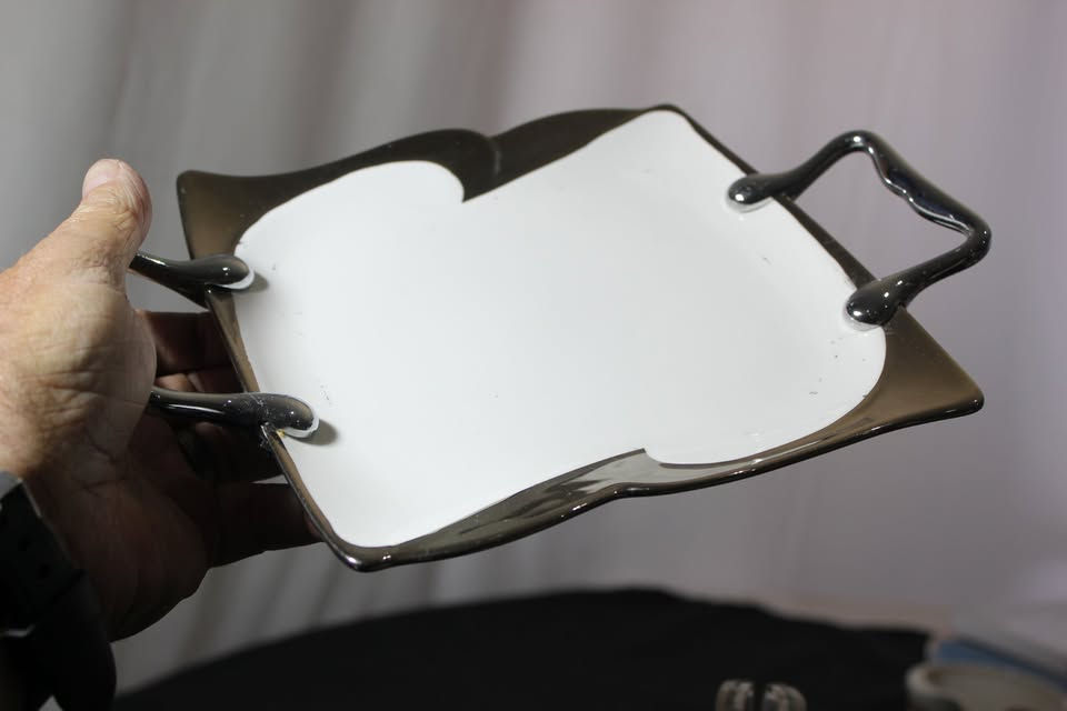 Thumbnail: WHITE AND SILVER ANTHRACITE PLATE WITH SCREWED ON STEEL ANADISED HANDLES