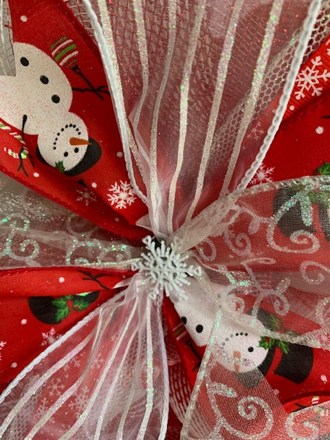 Thumbnail: red white mesh snowman ribbon wreath