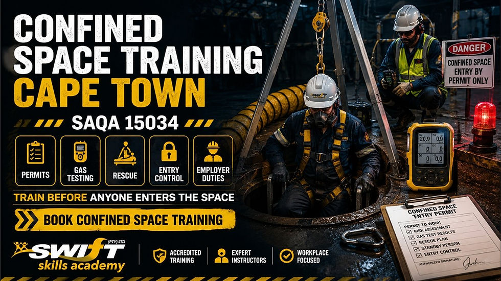 "Confined space training Cape Town SAQA 15034 hero image for Swift Skills Academy showing workers in PPE preparing for controlled confined space entry with permit to work, gas testing monitor, rescue tripod, ventilation equipment, standby person, safety officer supervision, emergency procedures, entry control checklist, General Safety Regulation 5, OHS Act compliance, employer duties, certificate evidence and group training for contractors, construction companies, maintenance teams, factories, municipalities, safety officers and employers in Cape Town, Western Cape and South Africa"
