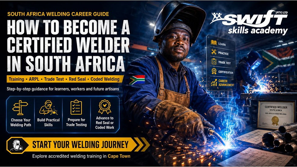 "Swift Skills Academy pathway to becoming a certified welder in South Africa — through ARPL recognition, trade test preparation, and advanced coded welding training."