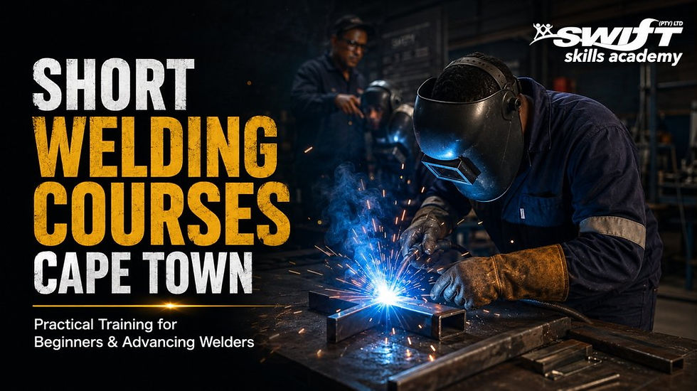 "South African learner completing a short practical welding course at Swift Skills Academy in Cape Town, covering Stick, MIG, TIG, Flux Core, cutting and artisan-development pathways"