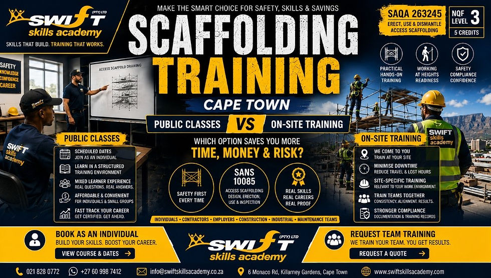"Scaffolding Training Cape Town guide comparing public scaffold classes and on-site company training for individuals, contractors and employers, covering SAQA 263245, NQF Level 3, access scaffolding, SANS 10085 relevance, practical scaffold training, Working at Heights readiness and Cape Town enrolment with Swift Skills Academy."