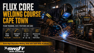 "Swift Skills Academy Cape Town – South Africa’s accredited Flux‑Cored Arc Welding (FCAW) course delivers high‑deposition structural welding mastery on carbon‑steel using flux‑cored wire, digital wire‑feed equipment, and full PPE. Learners advance through FCAW‑G gas‑shielded and FCAW‑S self‑shielded techniques across 1F, 2F, 1G, 3F, 4F, 3G, and 4G positions, preparing for heavy fabrication projects, coded‑welder certification, QCTO occupational development, and Red Seal artisan pathways – the national benchmark in welding excellence."