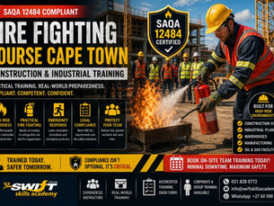"Fire fighting course Cape Town – SAQA 12484 accredited construction and industrial training for certified teams of 10+ workers. On‑site instruction with fire extinguishers, hoses, and PPE under OHSA Act South Africa compliance. Swift Skills Academy delivers bulk corporate fire safety training, emergency response certification, and workplace empowerment through nationally recognised fire safety programs."