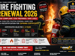 "Fire fighting course Cape Town renewal 2026 – SAQA 12484 accredited recertification for workplace fire safety and emergency response. Professional firefighters and corporate teams trained with extinguishers, hoses, and PPE under OHSA Act compliance. Swift Skills Academy South Africa delivers accredited certificate renewals, bulk corporate training, and expiring certificate management for compliance empowerment."
