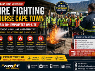 "Fire fighting course Cape Town – SAQA 12484 accredited on‑site training for corporate teams of 10+ employees. Certified workplace fire safety instruction with extinguishers, hoses, and PPE under OHSA Act South Africa compliance. Swift Skills Academy delivers bulk accredited training, emergency response certification, and corporate workforce empowerment through nationally recognised fire safety programs."