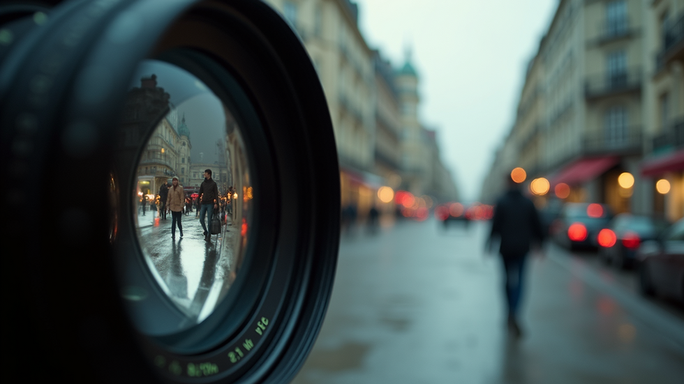 Close-up view of a vintage film camera lens focusing on a scene