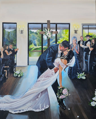 Live wedding Painting of a Dip Kiss down the aisle at Hidden Pines, Lake Houston, Tx