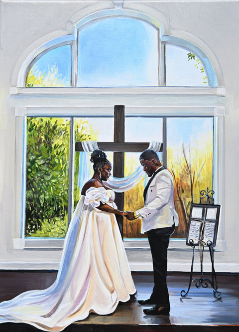 Live wedding painting of the bride and groom's prayer at Ashelynn Manor, Magnolia Tx wedding