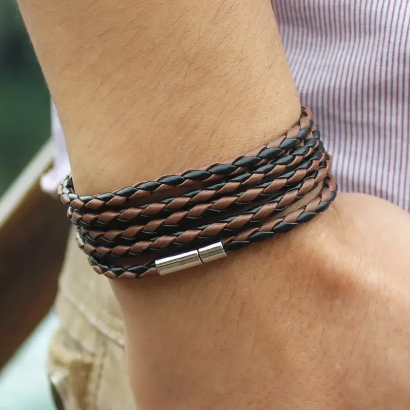 Thumbnail: Retro Wrap Long Leather Bracelet Men Bangles Chain Link
