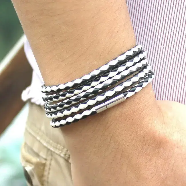 Thumbnail: Retro Wrap Long Leather Bracelet Men Bangles Chain Link