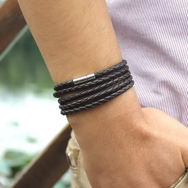 Thumbnail: Retro Wrap Long Leather Bracelet Men Bangles Chain Link