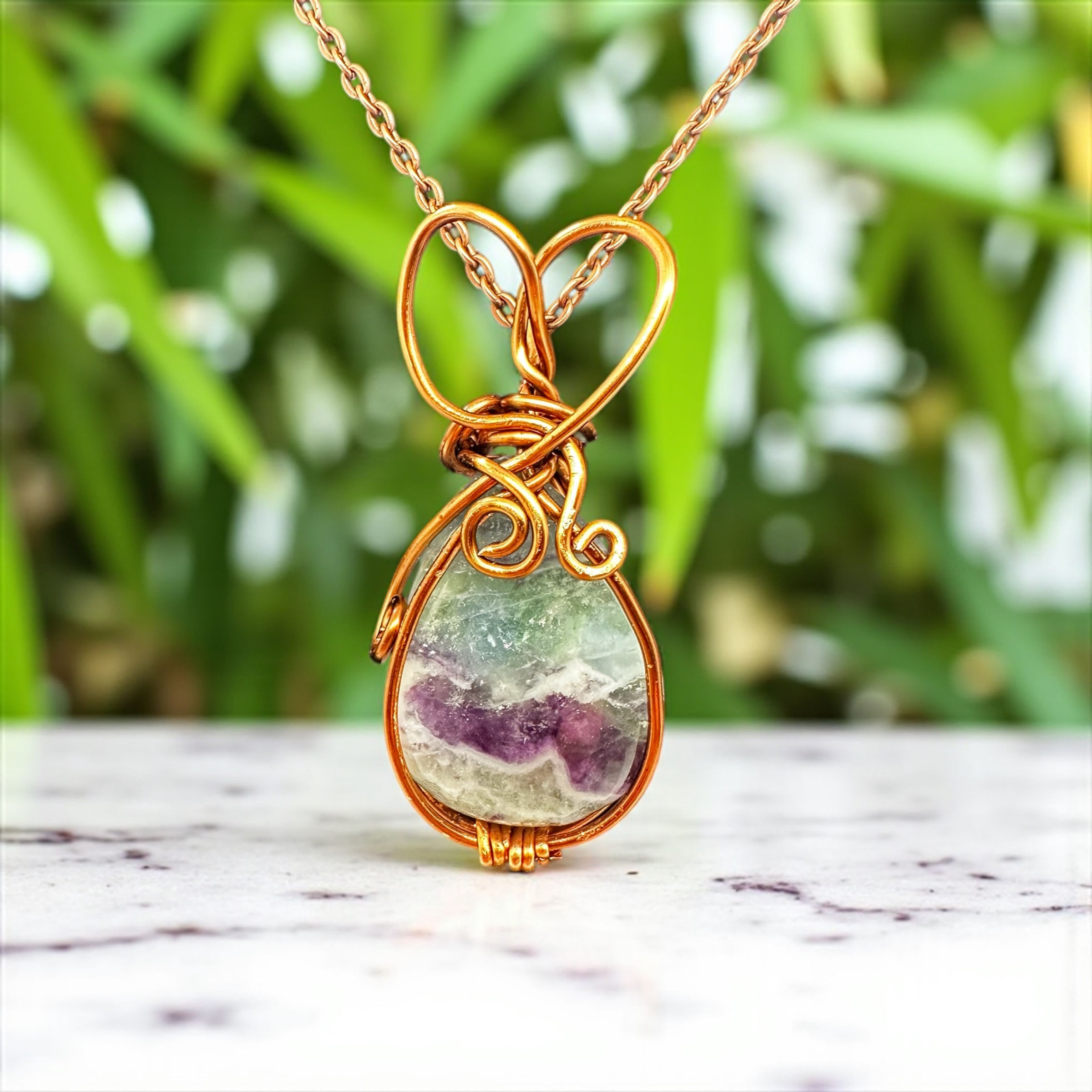 Wire-Wrapped Fluorite in Antiqued Copper