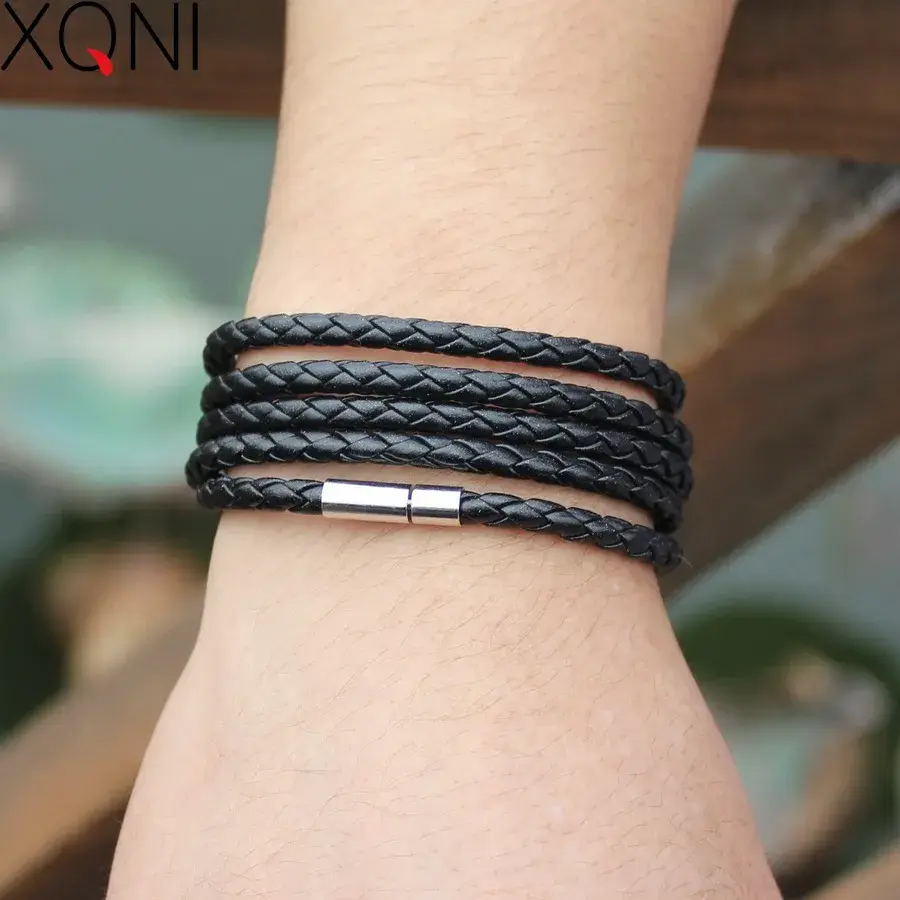 Thumbnail: Retro Wrap Long Leather Bracelet Men Bangles Chain Link