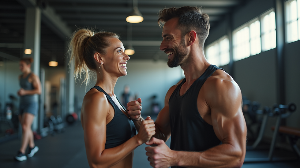 Eye-level view of a fitness coach and client celebrating a workout milestone