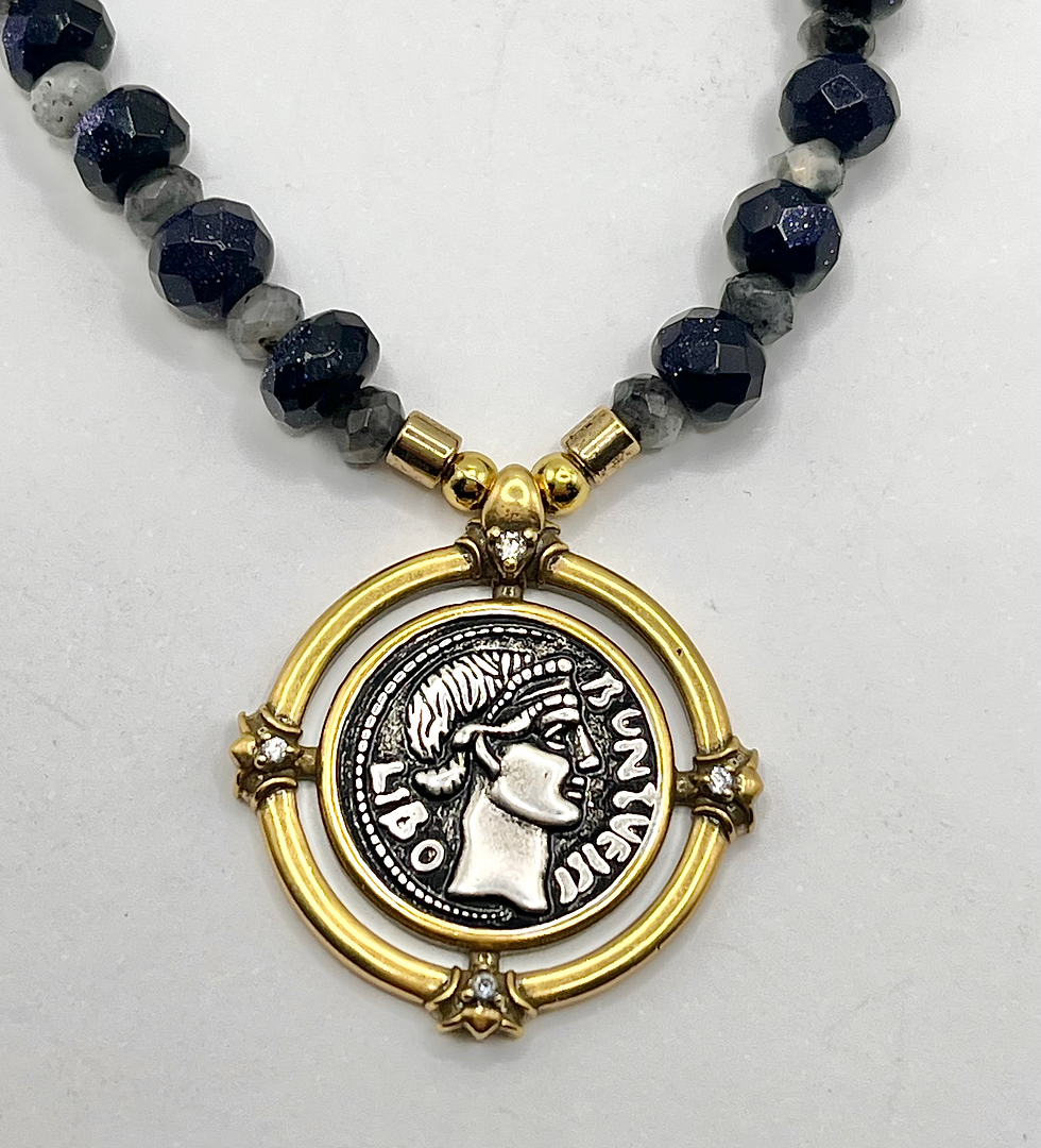 Thumbnail: Blue Goldstone Gemstone Necklace w Roman Coin Pendant 
