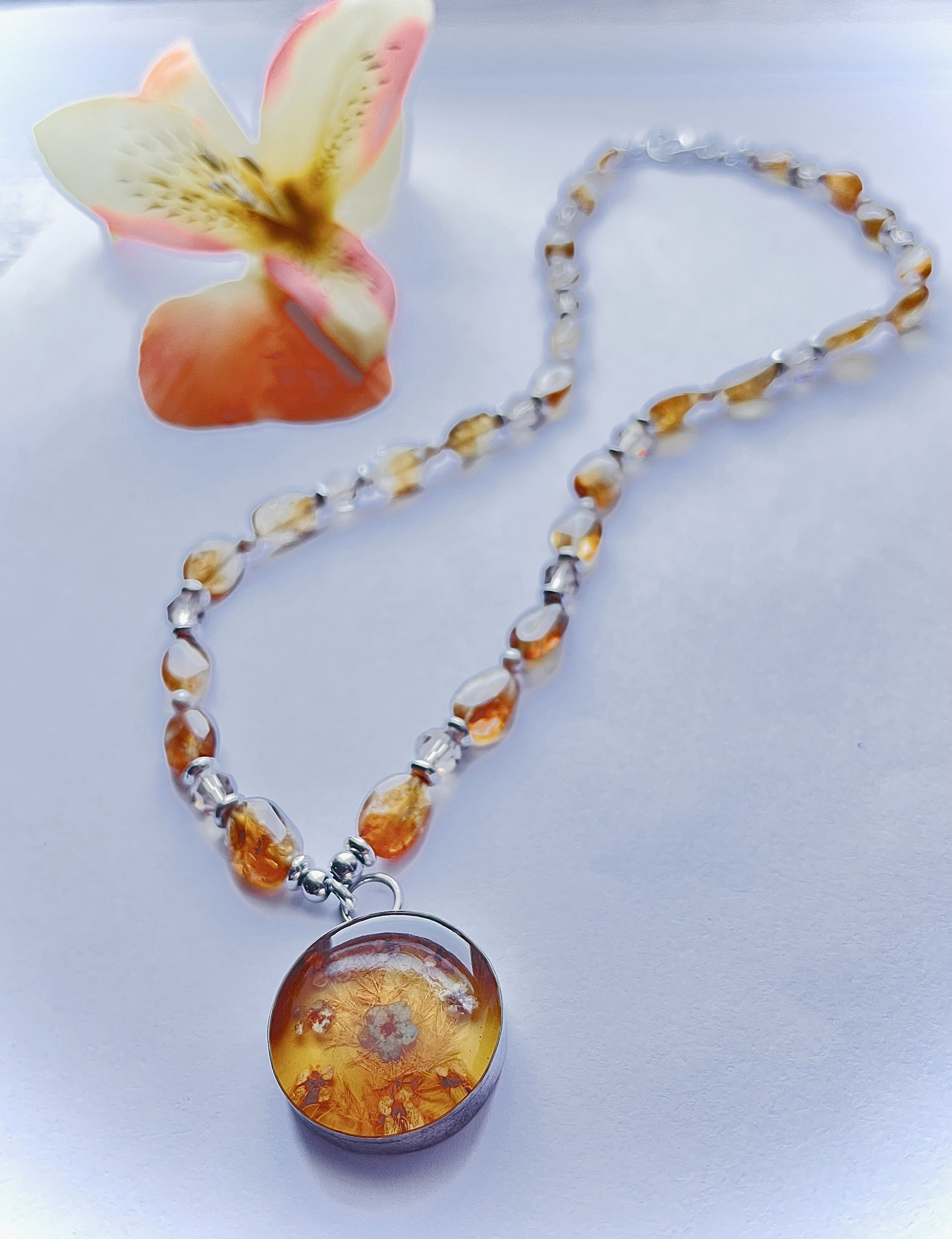 Natural Citrine Necklace with Pressed Flowers 925 Pendant