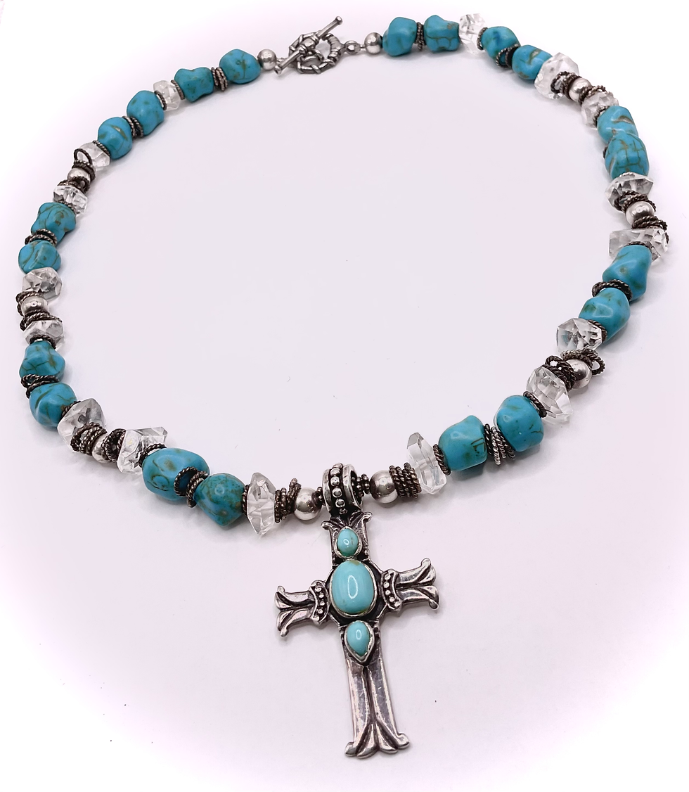 Thumbnail: Sterling Silver Cross Turquoise Crystal Necklace