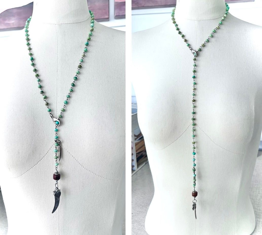 Green Agate Long Necklace Vintage Horn