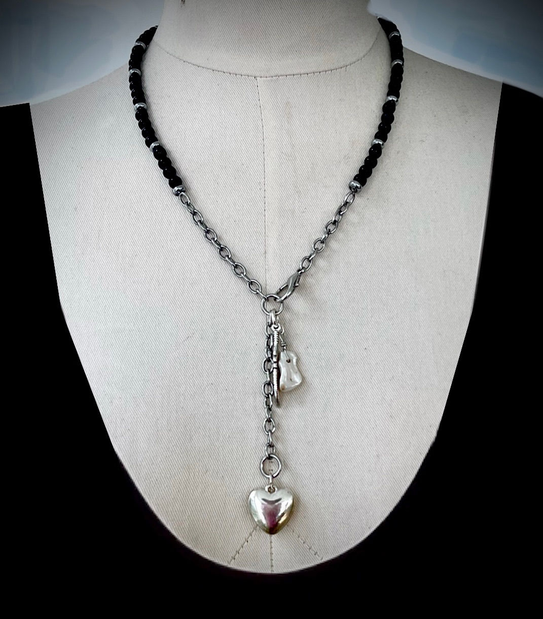 Onyx Beaded Heart Dangle Necklace