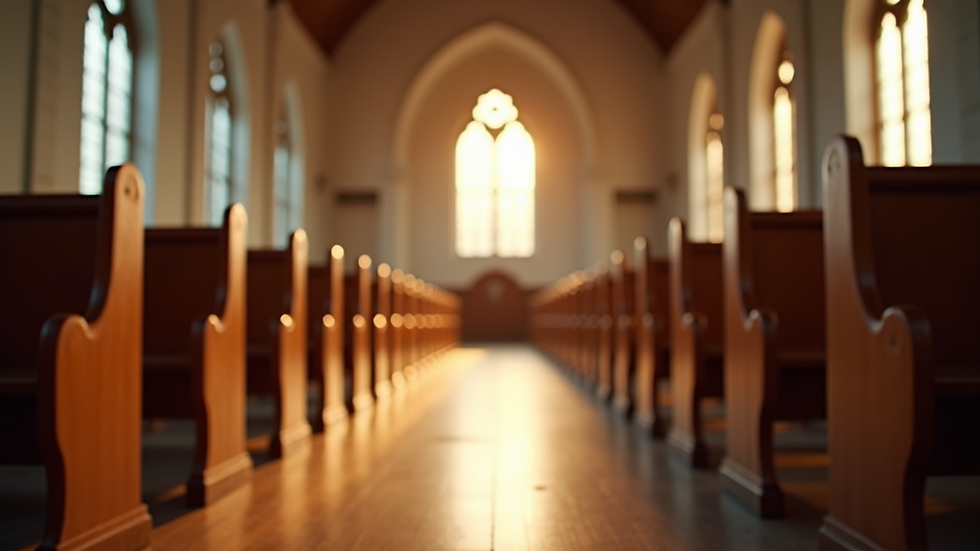 Eye-level view of a church sanctuary with warm lighting and wooden pews